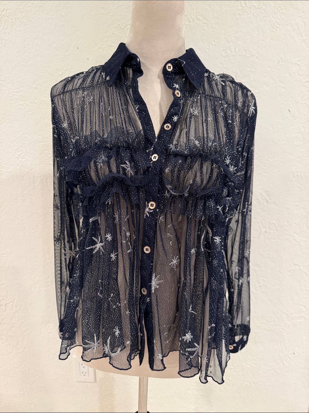 Eva Franco Navy Sheer Star-Embroidered Button Down Shirt size XS